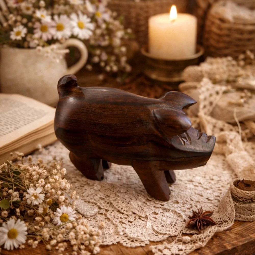 Vintage Hand-Carved Wood Pig Figurine Solid Hardwood Folk Art Decor - Picture 5 of 8